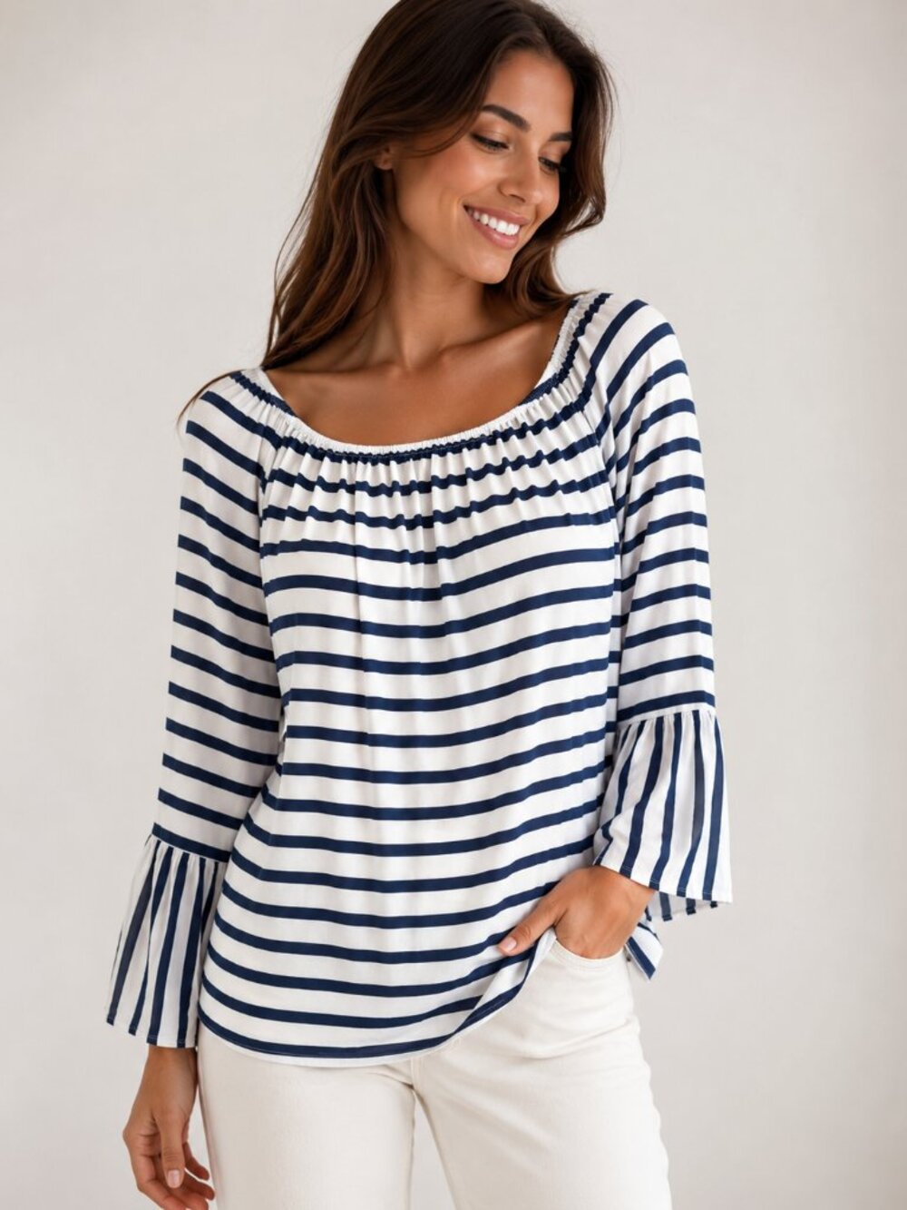 Cartoon Striped Off-Shoulder Top Size M Bell Sleeve Structured  Blouse